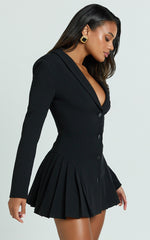 Bea Mini Dress - Collared Long Sleeve Fit And Flare Pleated Dress in Black