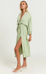 Tyricia Midi Dress - Long Sleeve Tie Front Cut Out Dress in Sage