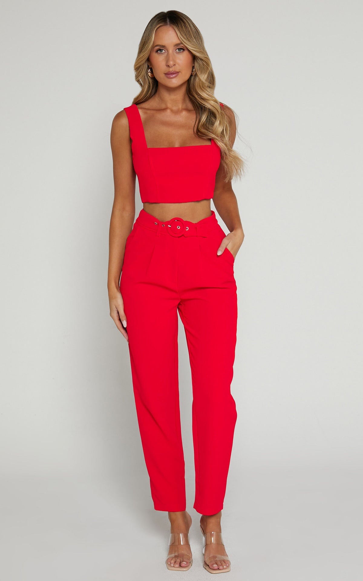 Reyna Two Piece Set - Crop Top and Tailored Pants Set in Red