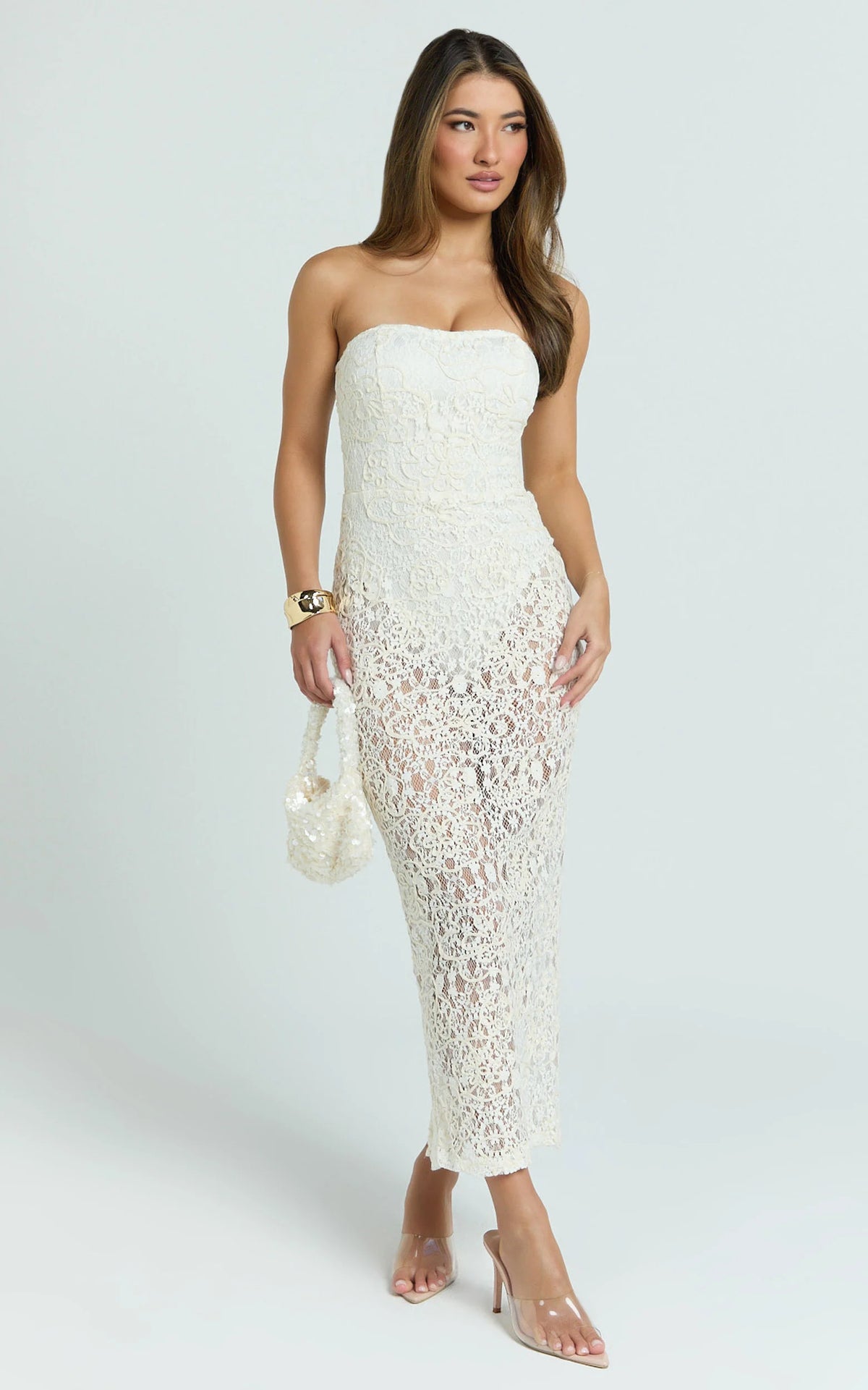 Emilee Midi Dress - Strapless Jersey Bodysuit Sheer lace Column Dress in White