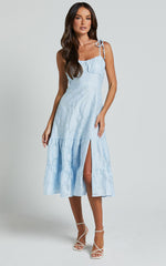 Jovena Midi Dress - Gathered Bodice Tiered Dress in Blue