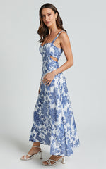 Jackleyn Midi Dress - Sweetheart A Line Dress in Blue Floral