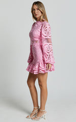 Kiss Me Now Mini Dress - Long Puff Sleeve Dress in Pink