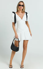 Venus Mini Dress - Contrast Tie Shoulder Short Sleeve Bias Cut Dress in Off White