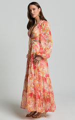 Anthea Midi Dress - V Neck Cut Out Tiered Dress in Yellow Print