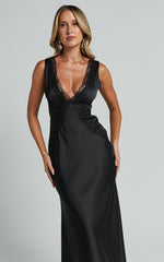 Chrissie Maxi Dress - Lace Detail Plunge Dress in Black