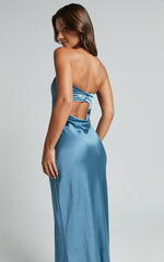 Charlita Maxi Dress - Strapless Cowl Back Satin Dress in Steel Blue