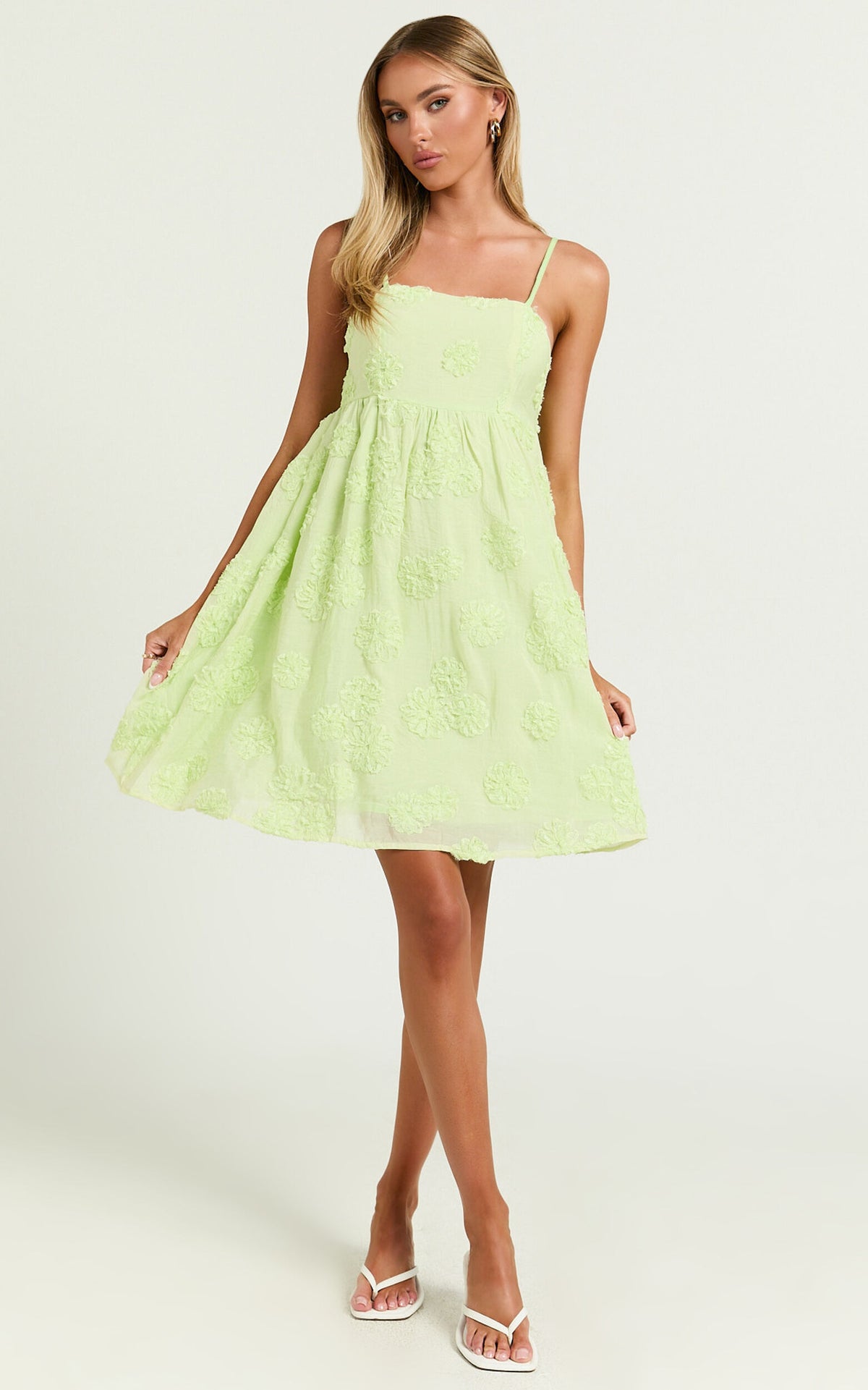 Claya Mini Dress - Sleeveless Straight Neckline Floral Detail Dress in Lime