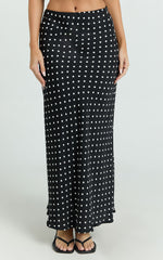 Amari Maxi Skirt - High Waisted Bias Cut Skirt in Black Polka Dot