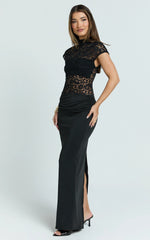 Ellen Maxi Dress - Lace Square Neck Contrast Skirt Dress in Black