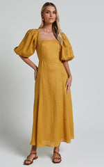 Amalie The Label - Zoya Linen Short Puff Sleeve Backless Maxi Dress in Gold