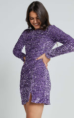 Tracy Mini Dress - Sequin Long Sleeve Backless Dress in Purple