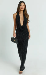 Felix Maxi Dress - Low Cowl Neck Bodycon Tie Back Dress in Black