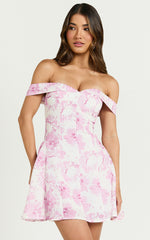 Alkie Mini Dress - Off Shoulder Sweetheart Neck Fit & Flare Dress in Print