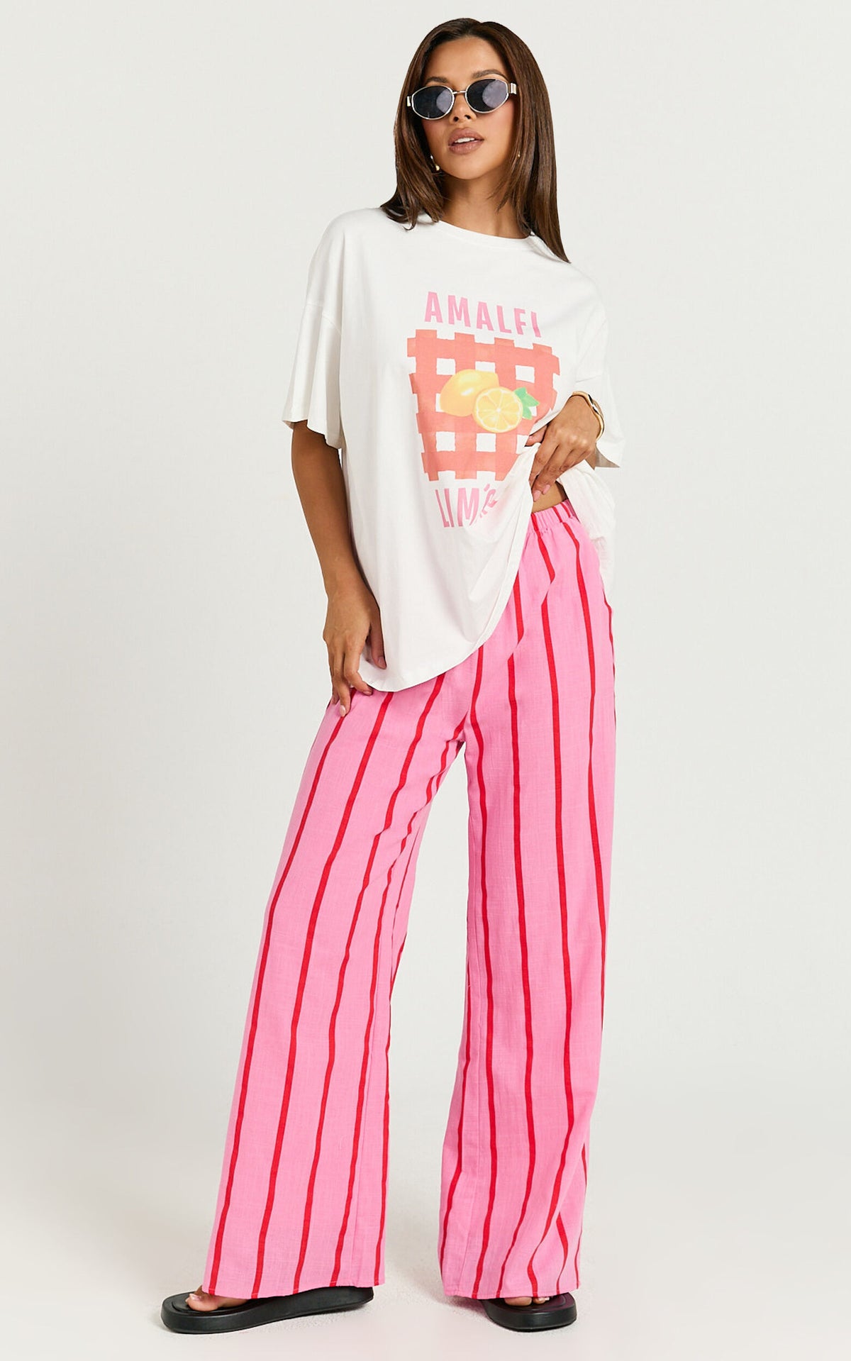 Gladiola Two Piece Set - Amalfi Limone Oversized Tee and Stripe Pant Set in Pink/Red