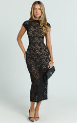 Emma Midi Dress - Lace Cap Sleeve Bodycon Dress in Black