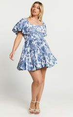 Mira Mini Dress - Square Neck Balloon Sleeve Dress in Blue Floral