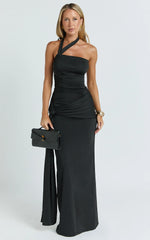 Ginny Maxi Dress - Asymmetric Neck Waist Tie Dress in Black