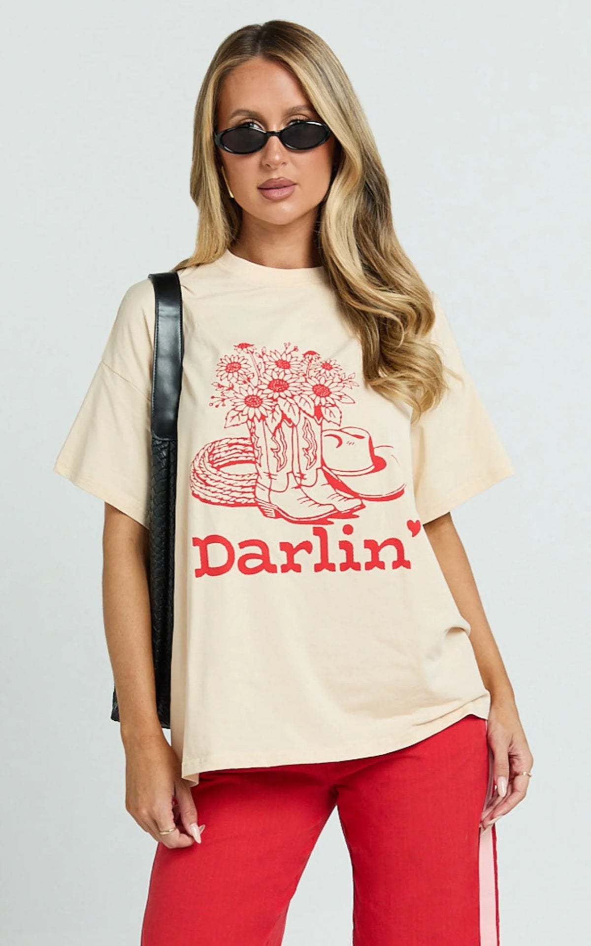 Alena Top - Oversized Darlin Print Tee in Beige