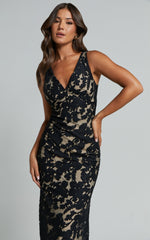 Zymae Midi Dress - Deep V Neck Lace Slip Dress in Black