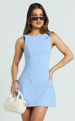 Freddie Mini Dress - Boat Neck Fit and Flare Dress in Blue