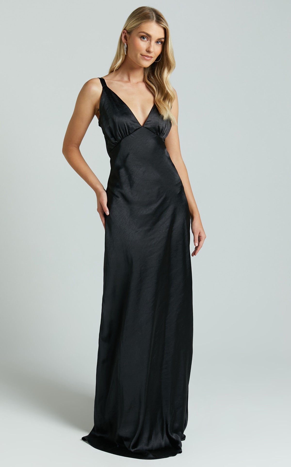 Anjorie Maxi Dress - Plunge Neck Wide Strap Sleeveless Slip in Black