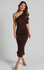 Arietty Midi Dress - One Shoulder Asymmetrical Ruched Dress in Chocolate