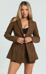 Gretchen Blazer - Slim Fitting Single Breasted Faux Suede Blazer in Brown