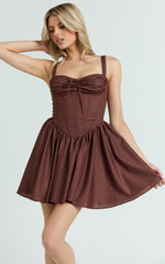 Jonas Mini Dress - Corset Ruched Lace Trim Dress in Chocolate