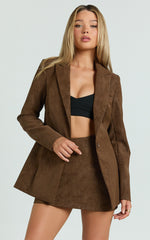 Gretchen Blazer - Slim Fitting Single Breasted Faux Suede Blazer in Brown