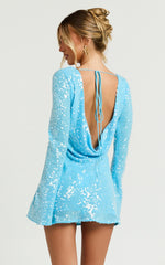 Bertina Mini Dress - Sequin Scoop Neck Low Back Dress in Blue