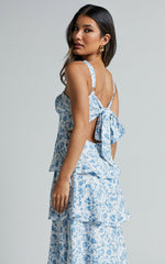 Lorma Midi Dress - Ruched Layered Dress in Blue Floral