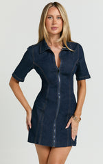 Tessie Mini Dress - Zip Front Collared Denim Mini Dress in Rinse Blue