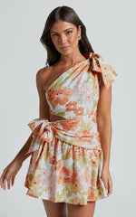 Zaria Mini Dress - Asymmetric Cut Out Tie Waist Dress in Orange Floral