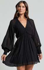 Xandria Mini Dress - Blouson Sleeve Cut Out Dress in Black