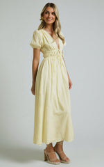 Portofino Midi Dress - V Neck Puff Sleeve Dress in Yellow
