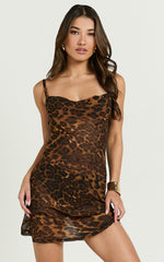 Hilary Mini Dress - Sheer Cowl Neck Slip Dress in Leopard