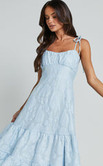 Jovena Midi Dress - Gathered Bodice Tiered Dress in Blue