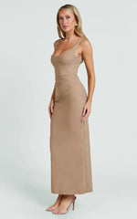 Benita Midi Dress - Scoop Neck Ruched Fitted Dress in Mocha