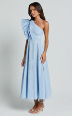 Dixie Midi Dress - Linen Look One Shoulder Ruffle Dress in Blue