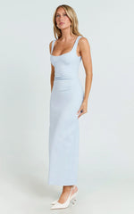 Benita Midi Dress - Scoop Neck Ruched Fitted Dress in Blue