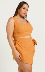 Polina Two Piece Set - Linen Square Neck Crop Top and Tie Waist Skort Set in Orange