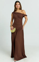 Yvonne Maxi Dress - Pleat Skirt Tip Shoulder Ruched Dress in Chocolate