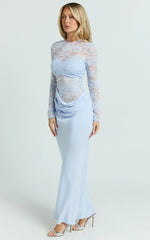 Crisanta Maxi Dress - Long Sleeve Contrast Lace Bodycon Dress in Pale Blue