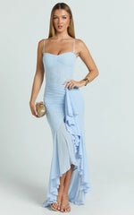 Brionna Midi Dress - Lace Neck Ruched Ruffle Hem Dress in Blue