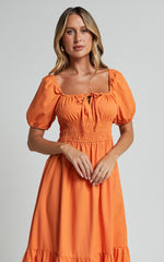 Claritza Midi Dress - Linen Look Short Puff Sleeve Square Neck Tiered Dress in Sherbert
