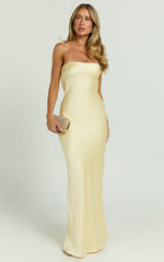 Charlita Maxi Dress - Strapless Cowl Back Satin Dress in Butter Yellow