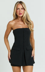 Monroe Two Piece Set - Strapless Button Down Longline Vest Top and High Waisted Mini Skirt in Black
