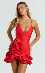 Nellie Mini Dress - V Neck Ruffle Hem Bodycon Dress in Red