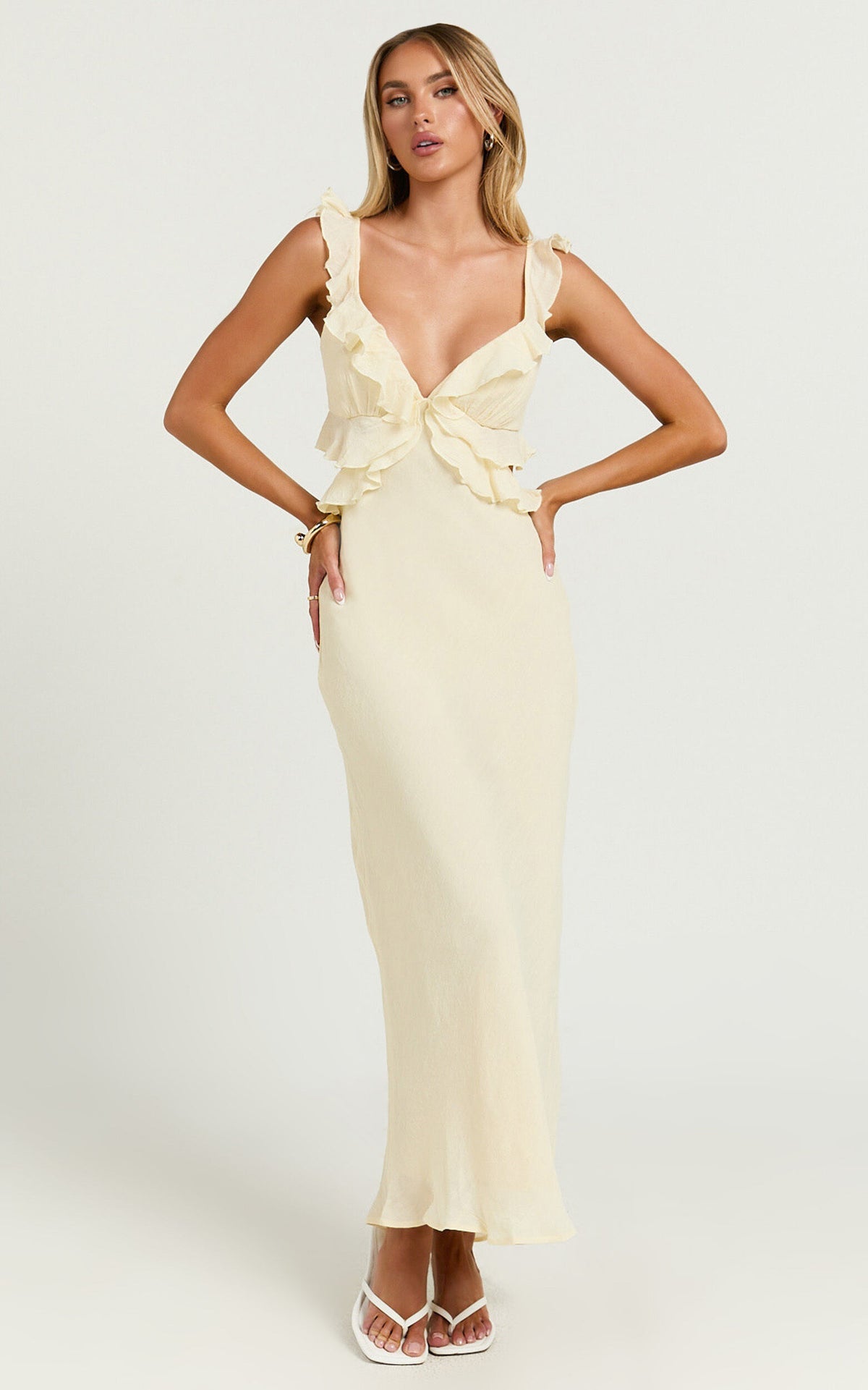 Dahlia Midi Dress - Ruffle Details Slip Dress in Lemon